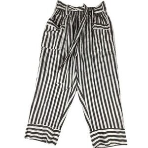 Elsie & Zoey Pants Womens L Brown White Striped Linen Blend Tie Waist Crop‎ NWT